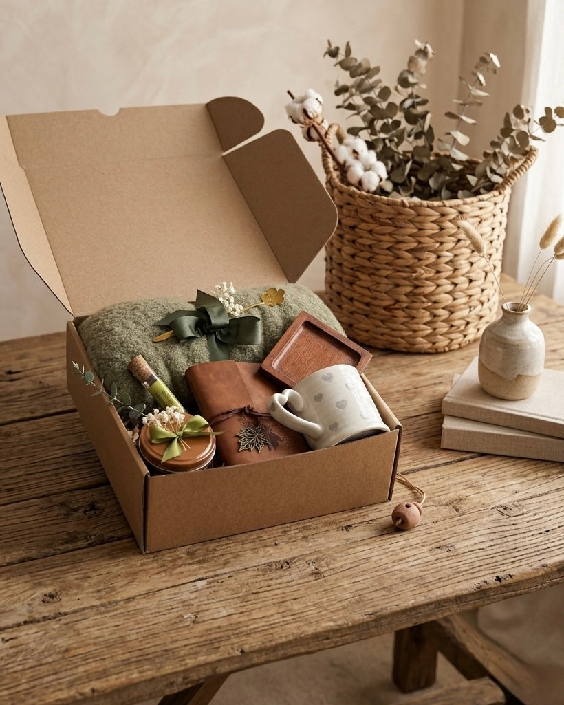 Comfort & Care Gift Hampers in a gift box with cozy items and decorative elements.