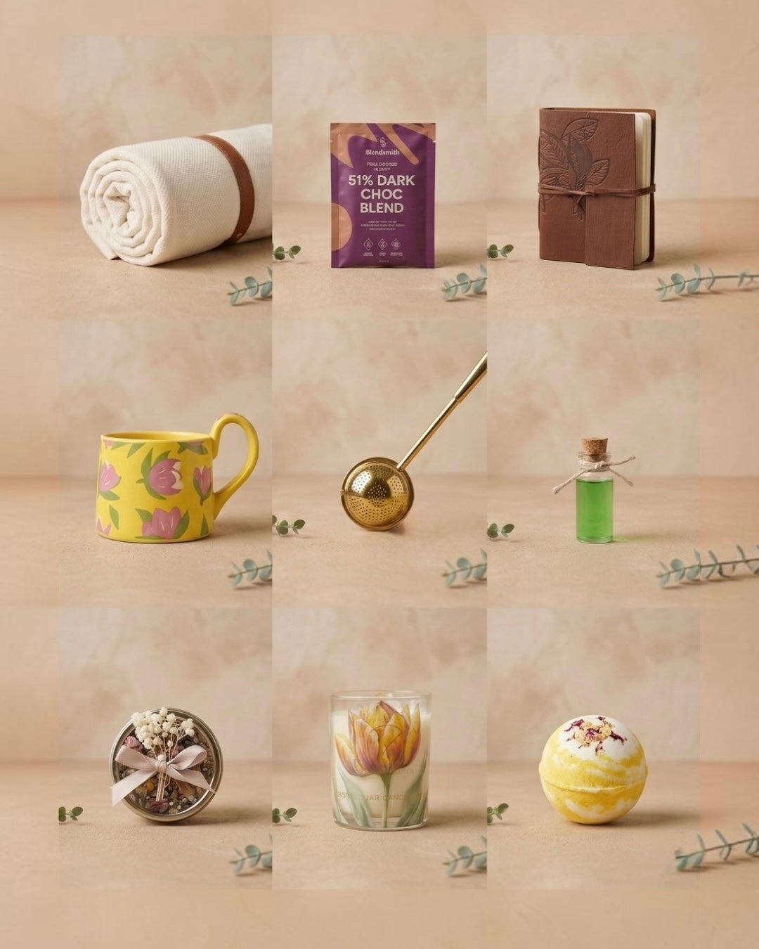 Bloom & Unwind Gift Box with soft throw, herbal tea, journal, mug, diffuser, candle, bath bomb, self-care gift box for her.