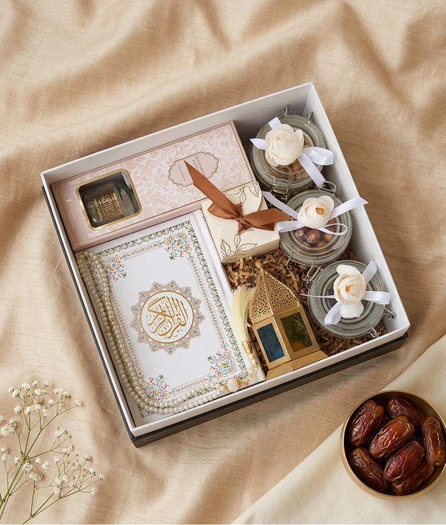 Luxury Ramadan gift box featuring Quran, aromatic diffuser, dates, mixed nuts, chocolates, and decorative cups.