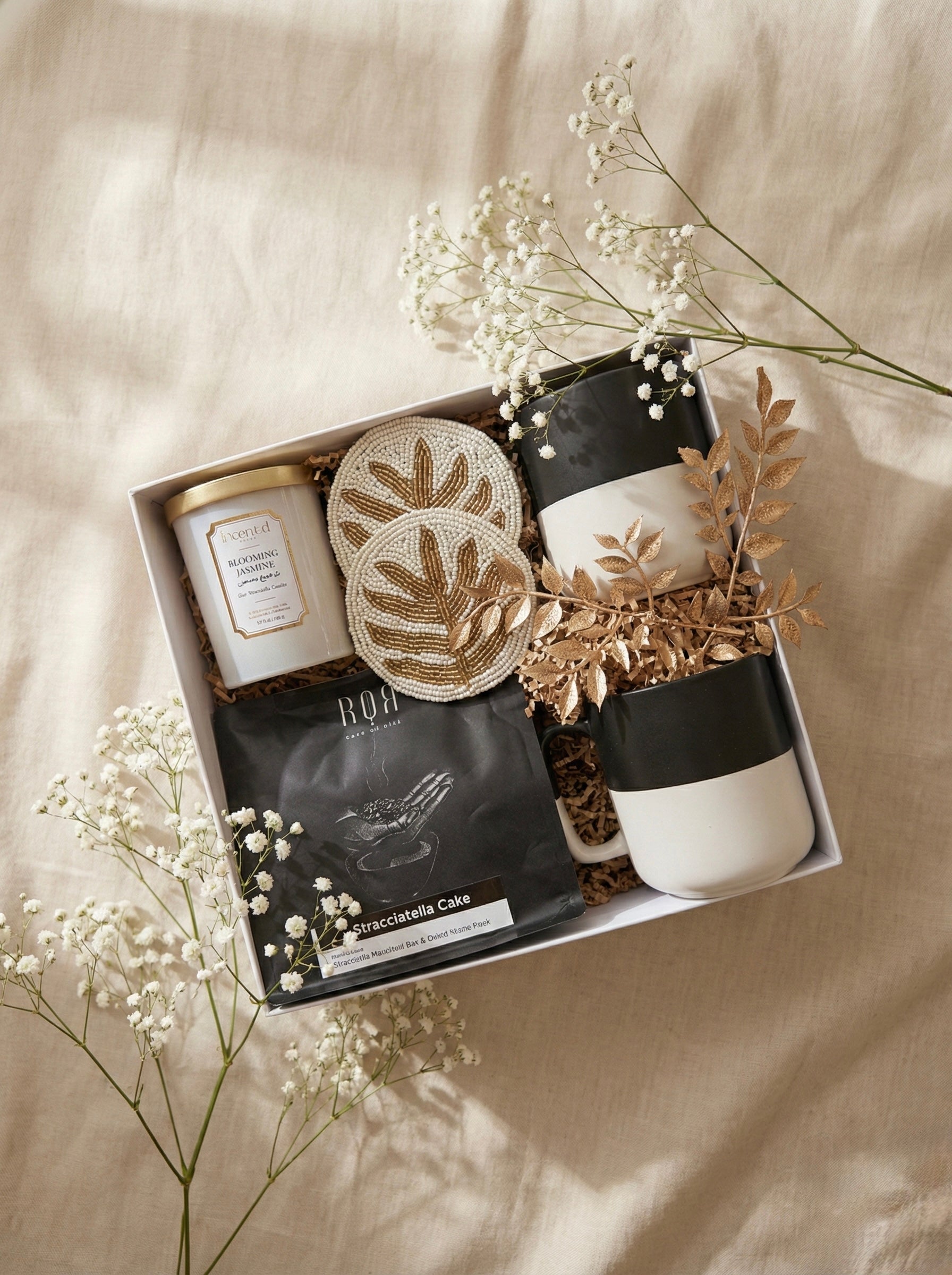 Cup of Noor Box featuring 2 coffee mugs, a scented candle, and coasters, perfect as a Ramadan coffee gift box.