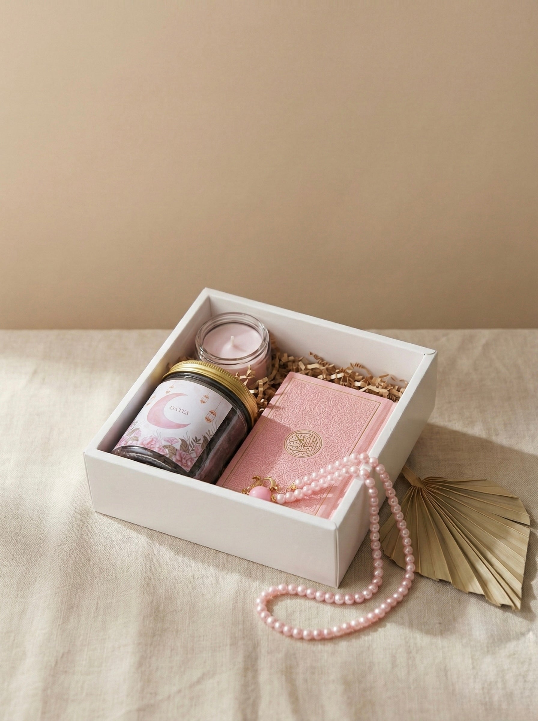 Dua Delights Box featuring premium dates, small candle, Quran, and Tasbih for Ramadan gift box UAE.