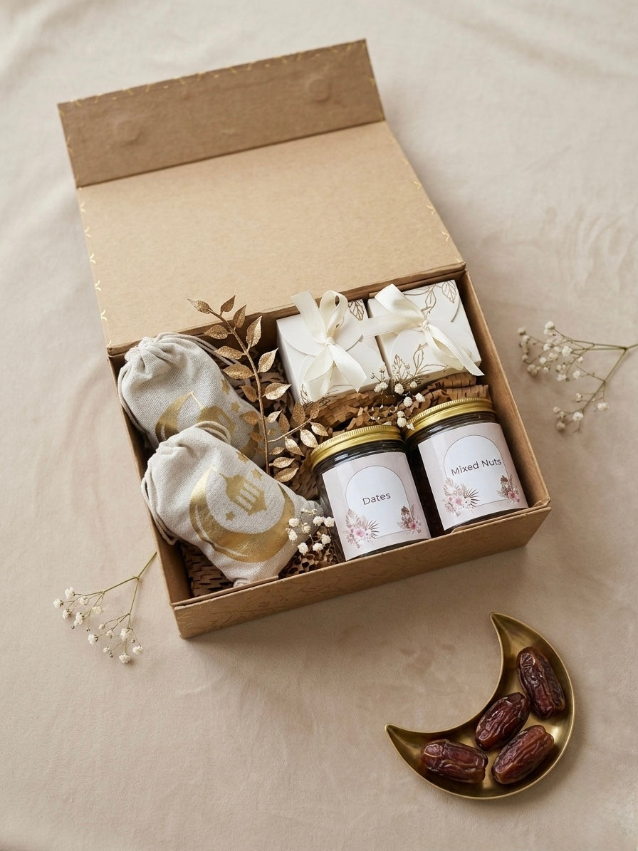 Eid glow box gift set containing jars of dates, mixed nuts, and elegant packaging.