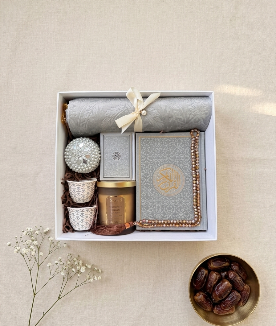 Festivity Gift Box featuring premium items for a Ramadan gift box including prayer mat, Quran, and scented candle.