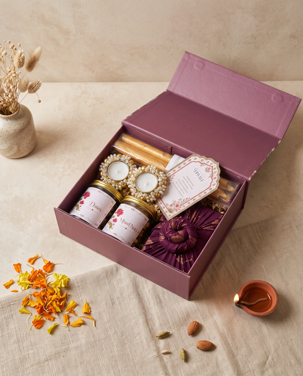 Wine & Pearl Diwali Box showcasing festive candles, mixed nuts, and dates in an elegant gift box.
