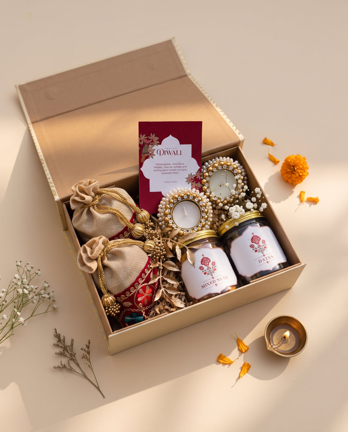 Utsav Potli Box - Diwali gift box with embroidered jute potlis, nuts, chocolates and decorative items.