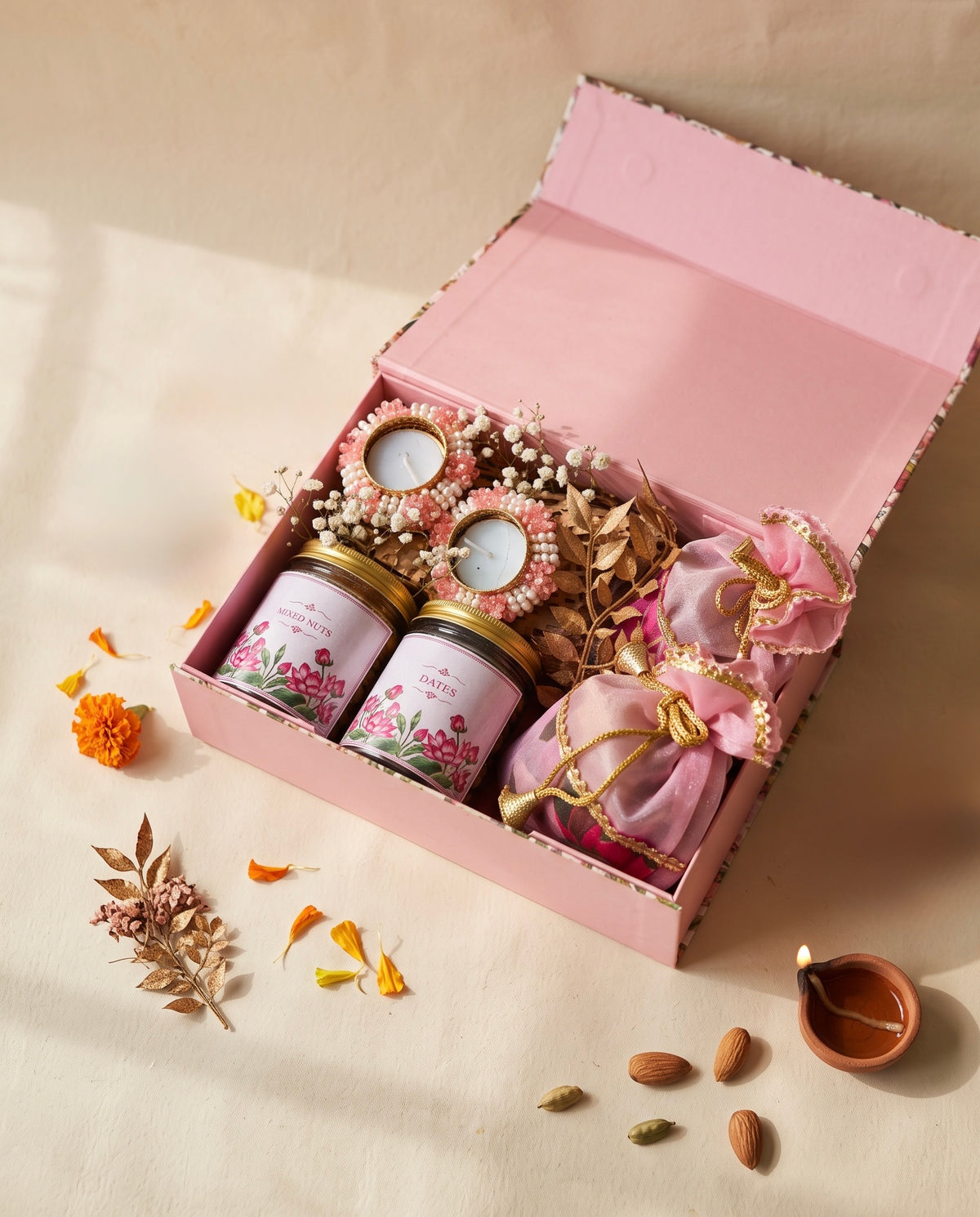 Petal Pearl Diwali Box with makhana, chocolates, and decorative diyas for festive gifting.
