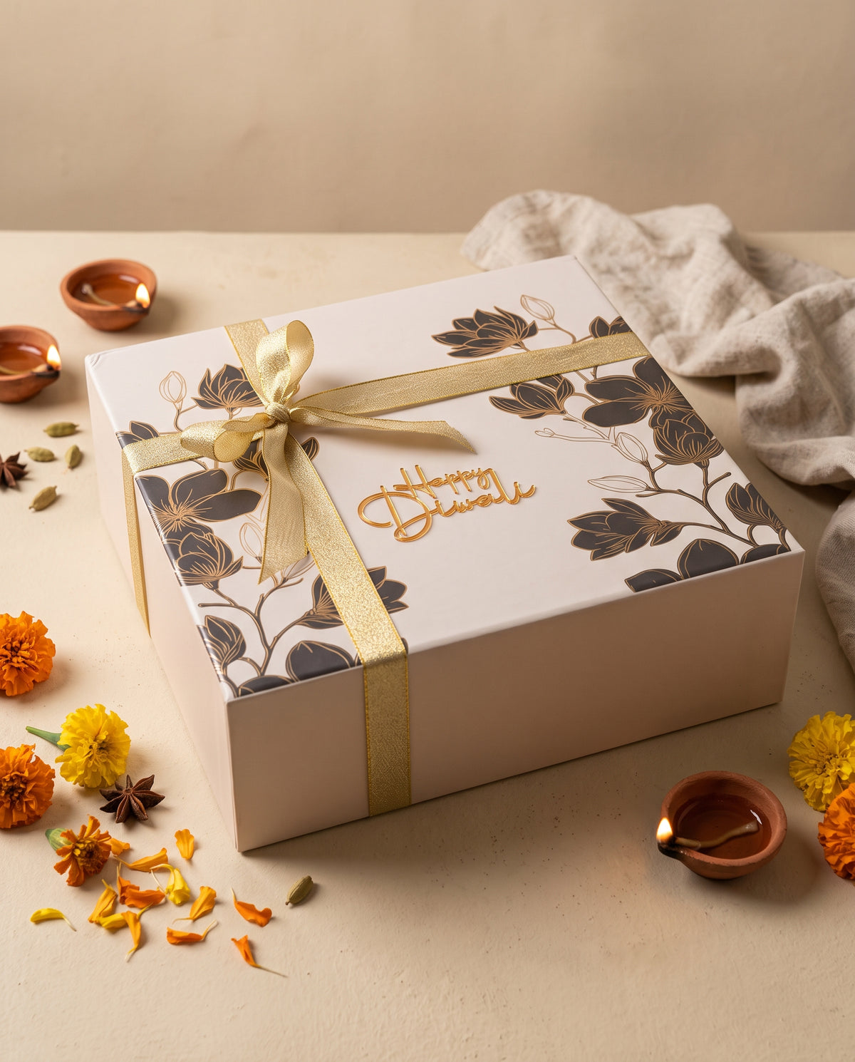 Chandni Diwali Hamper beautifully wrapped with gold ribbon, surrounded by marigold flowers and diyas.