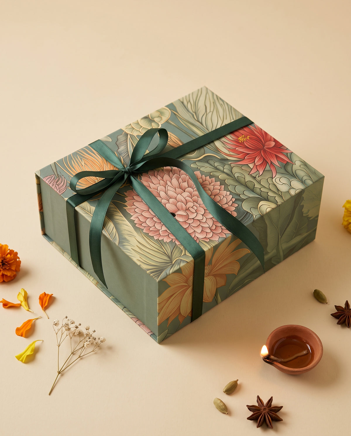 Emerald Bloom Diwali Box with floral design and green ribbon, surrounded by festive elements.