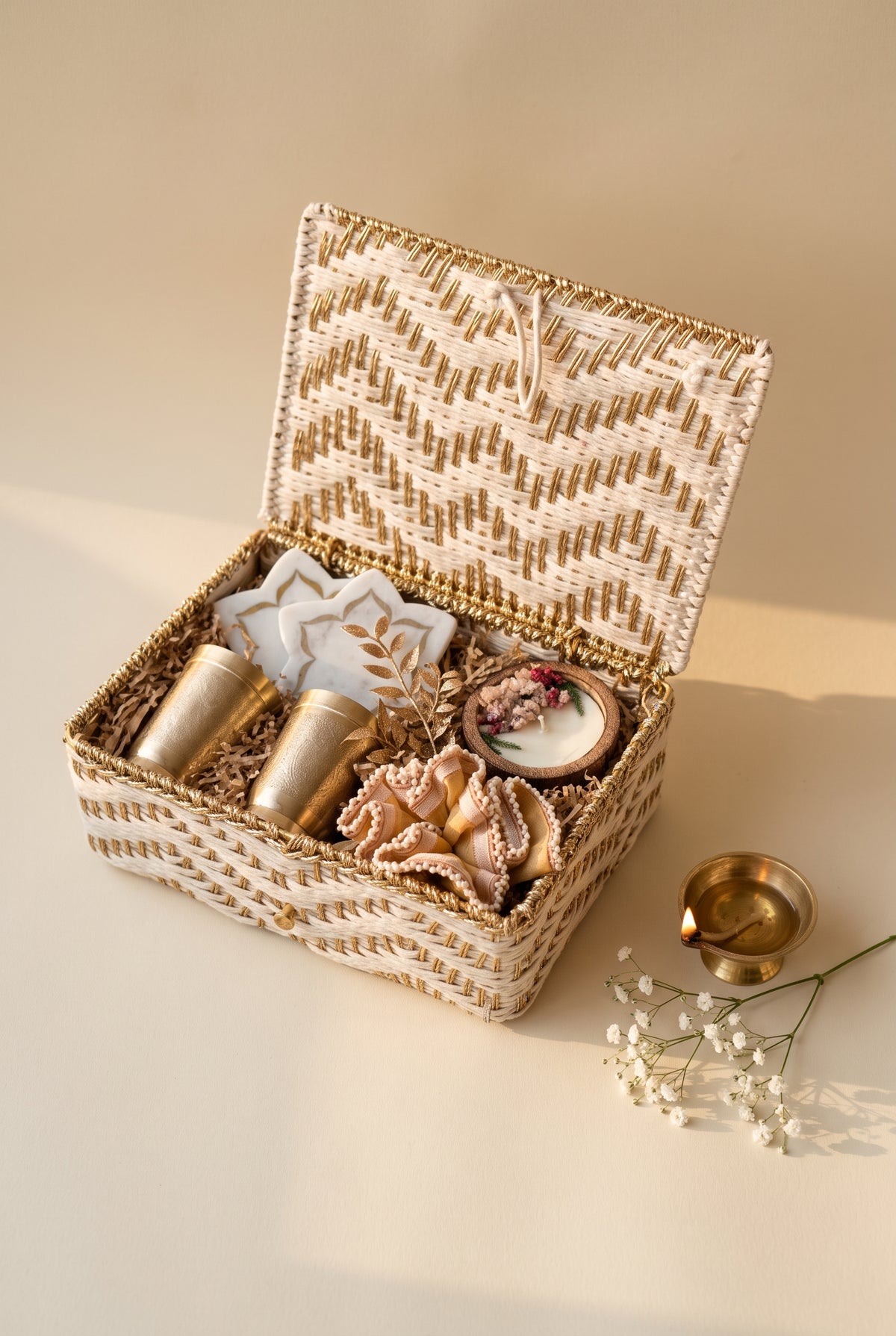 Shubh Labh Keepsake Hamper with brass glasses, marble coasters, and a candle in a woven basket.