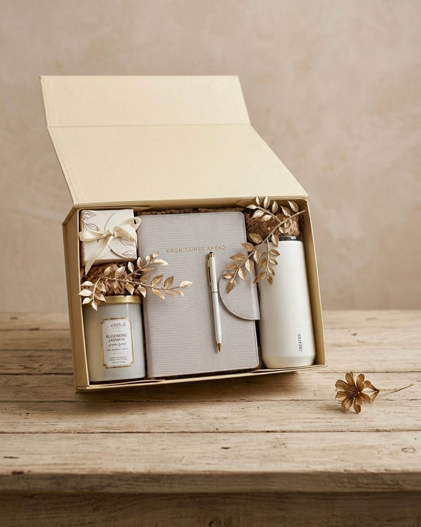Gift set with a notebook, pen, and small bottle on a wooden surface.