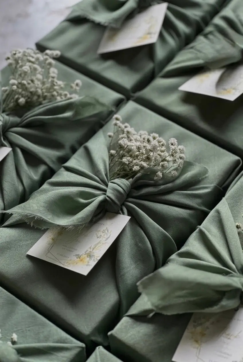 Curated luxury gift boxes wrapped in green fabric with white flowers ForeverFinds UAE