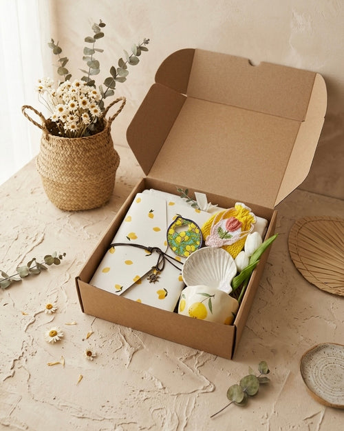 Bridesmaid Birthday Gift Box for Her Dubai – Lemon Zest summer hamper with white tulips and eucalyptus