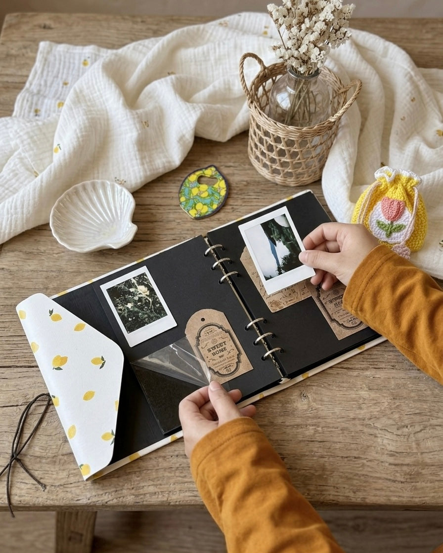 Birthday Gift Box for Her Dubai with lemon-print mug, knitted tulip coaster and shell dish