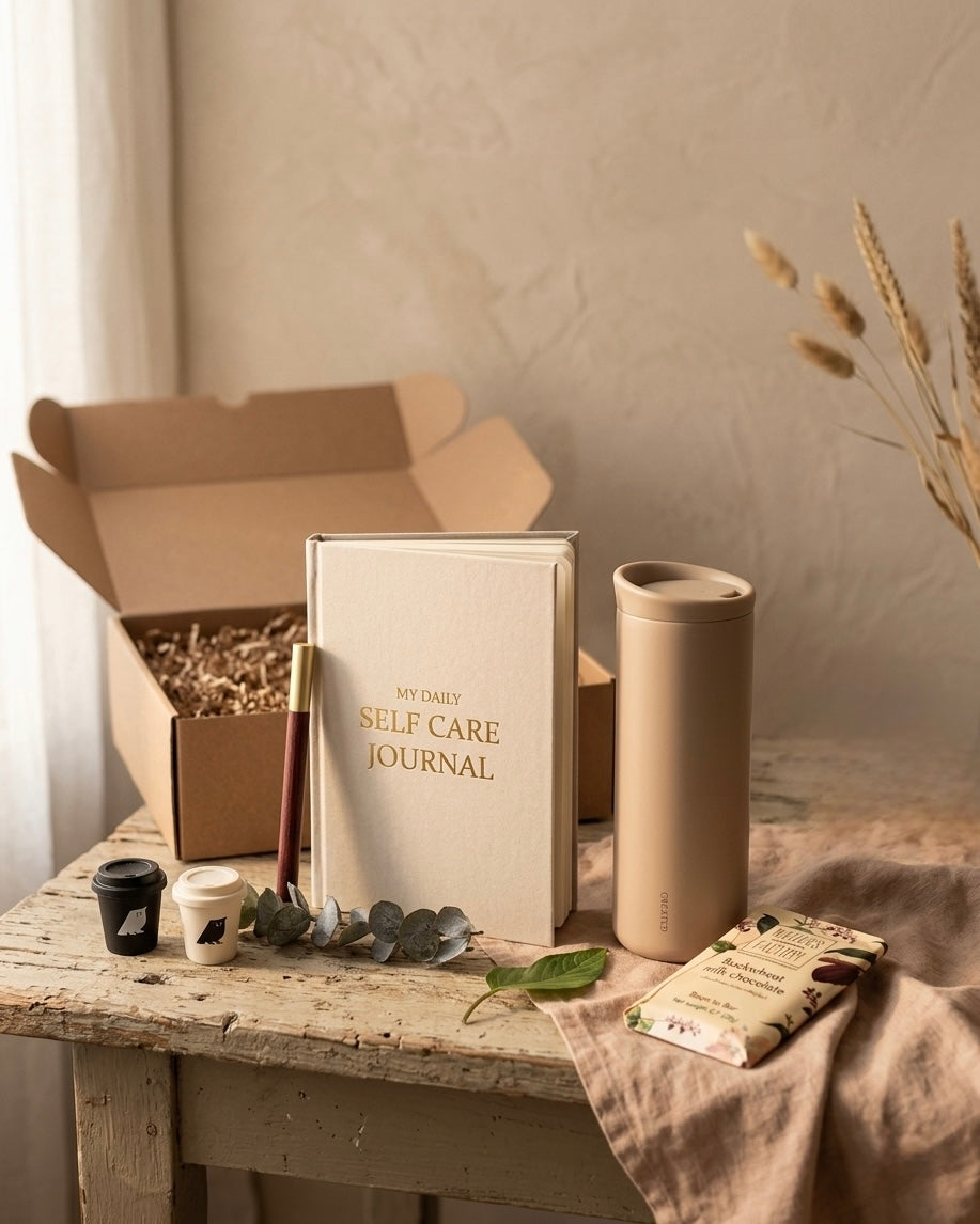 Wellness Gift Box Dubai for her with My Daily Self Care Journal, wooden pen and nude tumbler
