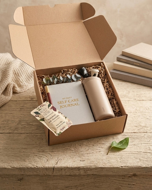 Wellness Gift Box Dubai – Soft Reset hamper with self care journal, tumbler and chocolate in kraft box