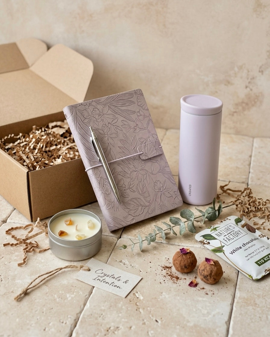 Luxury Gifts for Her Dubai with lavender tumbler, floral embossed journal and chrome pen