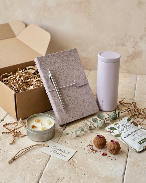 Luxury Gifts for Her Dubai with lavender tumbler, floral embossed journal and chrome pen