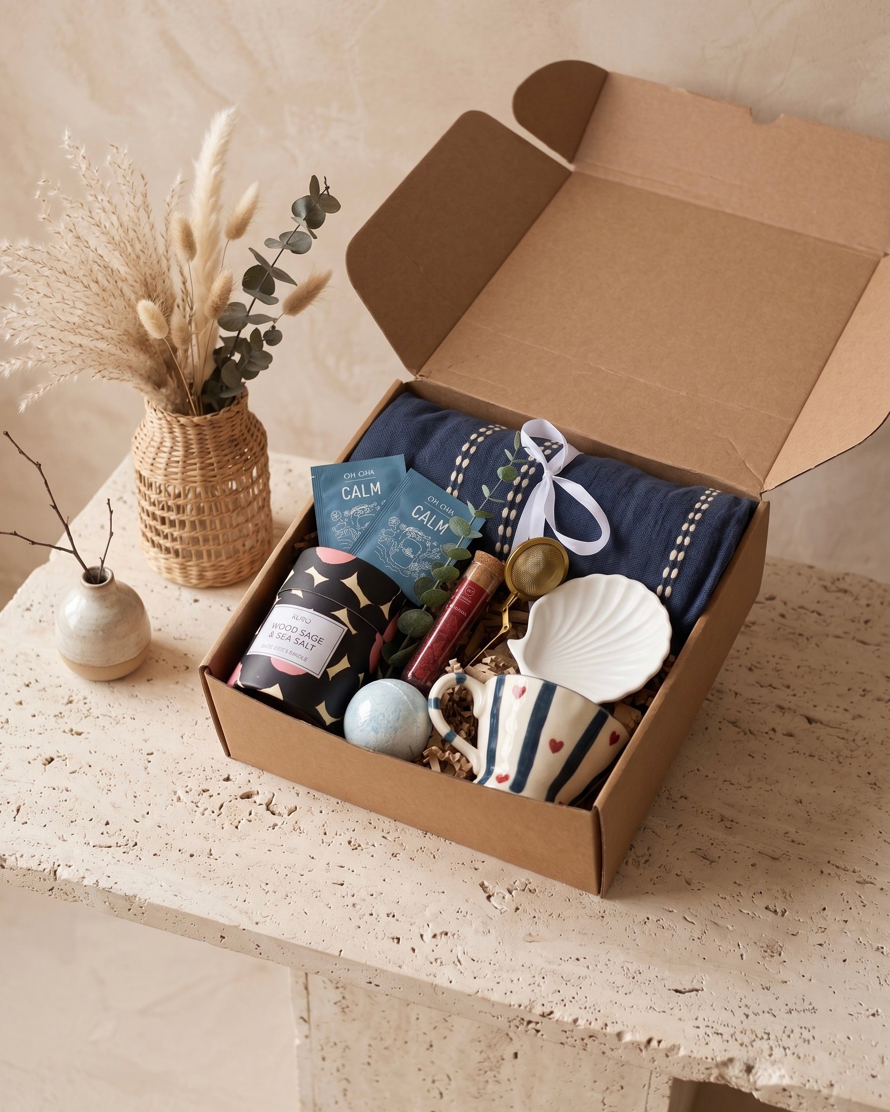 Housewarming Gift Box Dubai for new home with calming tea, gold infuser and seashell trinket