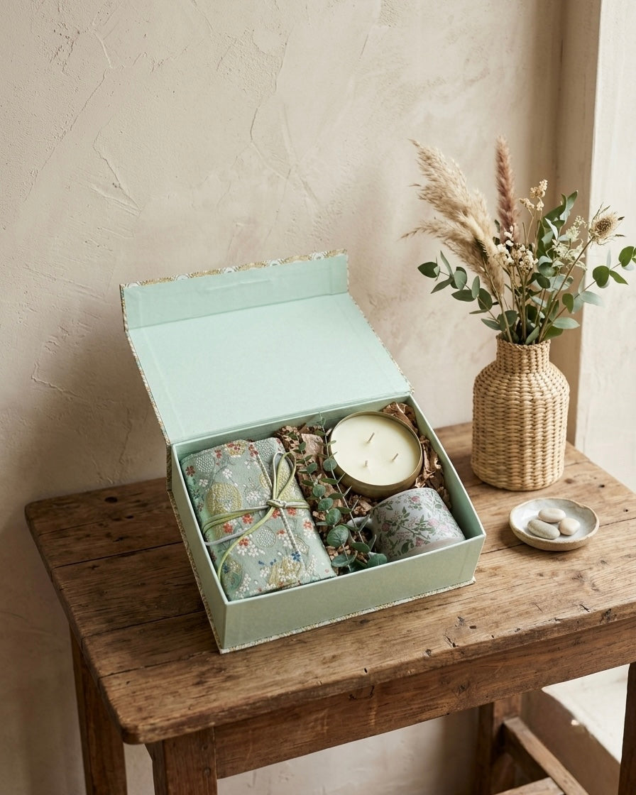 Gift Box for Her Dubai with floral fabric journal, eucalyptus and brass candle in vintage mint hamper