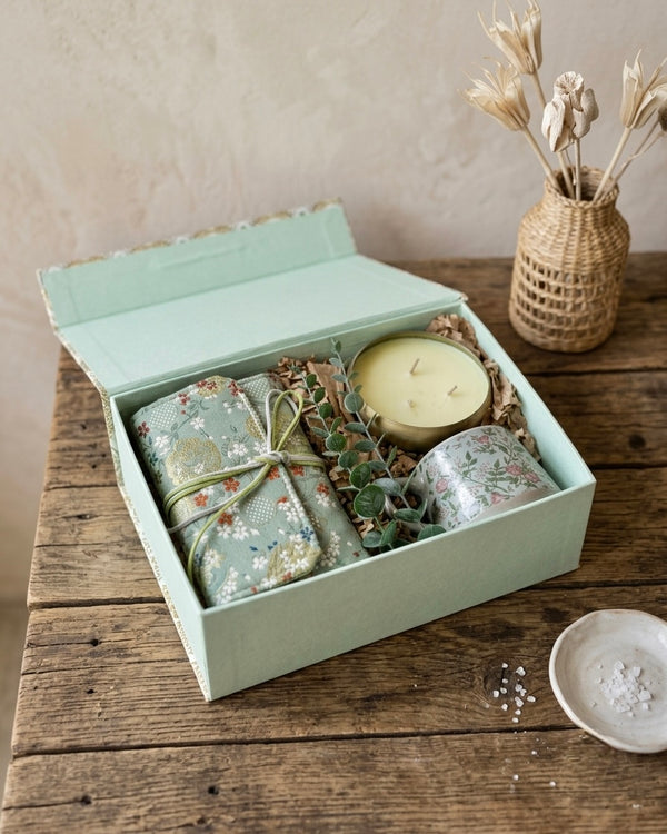 Gift Box for Her Dubai – Mint Botanica sage green keepsake box with floral journal, brass candle and porcelain teacup
