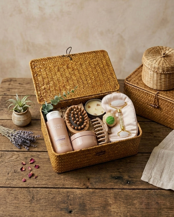 Luxury Spa Gift Box Dubai for her with wooden massage brush, body butter and silk pouch jade roller