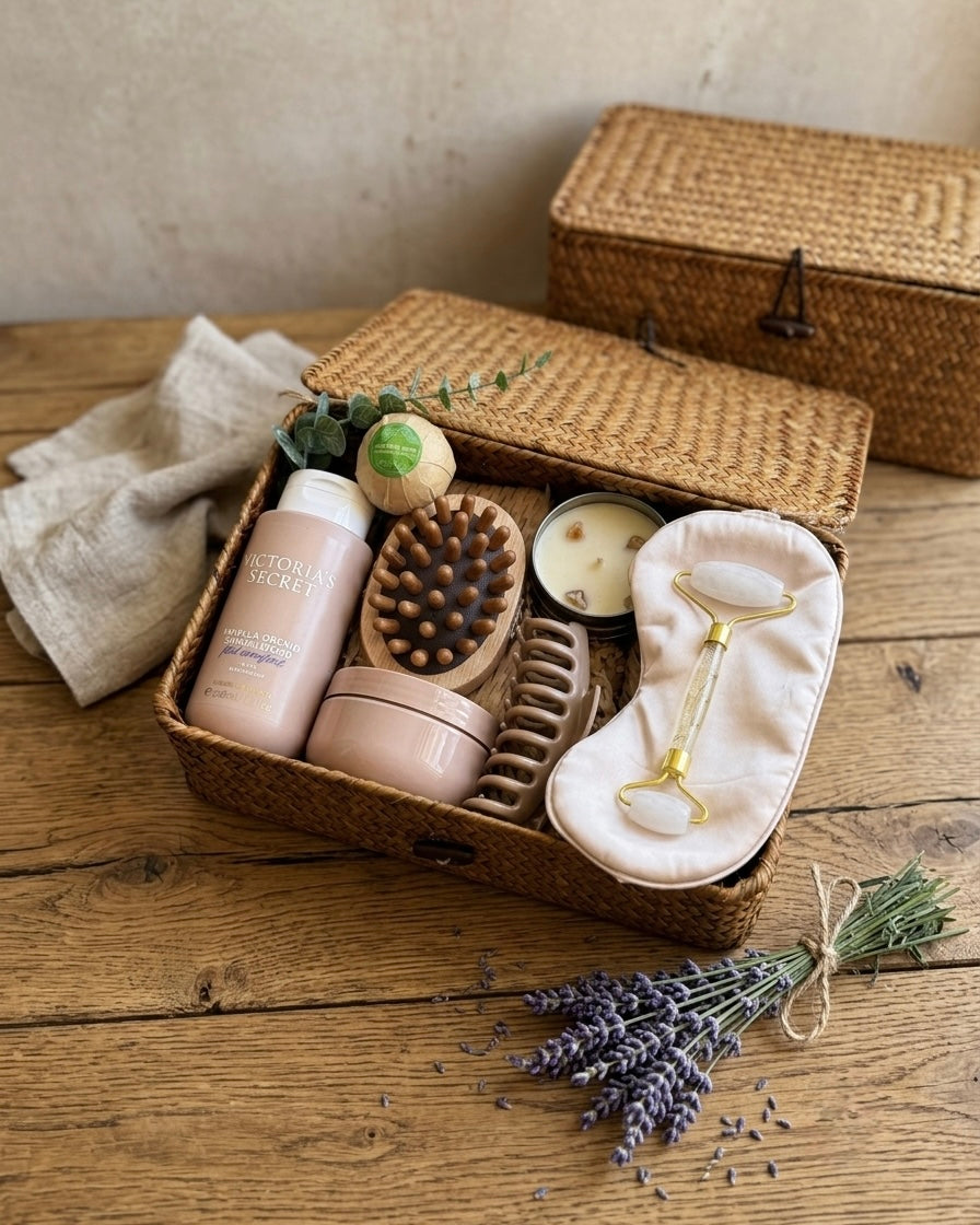 Luxury Spa Gift Box Dubai – Golden Glow nude hamper with Victoria's Secret lotion, jade roller and candle in rattan basket