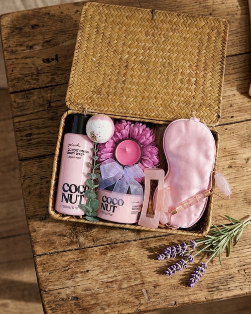 Coco Bliss self care hamper Dubai in a woven basket with spa essentials, perfect for gifting.