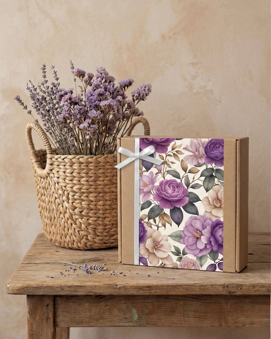 Lavender Dreams Box featuring floral design, a lavender gift box for women, placed on a wooden table with dried flowers.