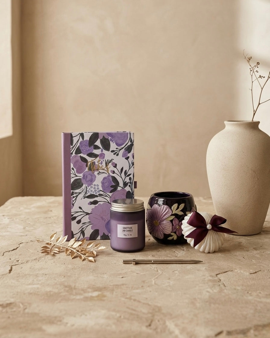 Lavender Dreams Box featuring a floral notebook, lavender candle, ceramic mug, and sleek pen, a perfect lavender gift box for women.