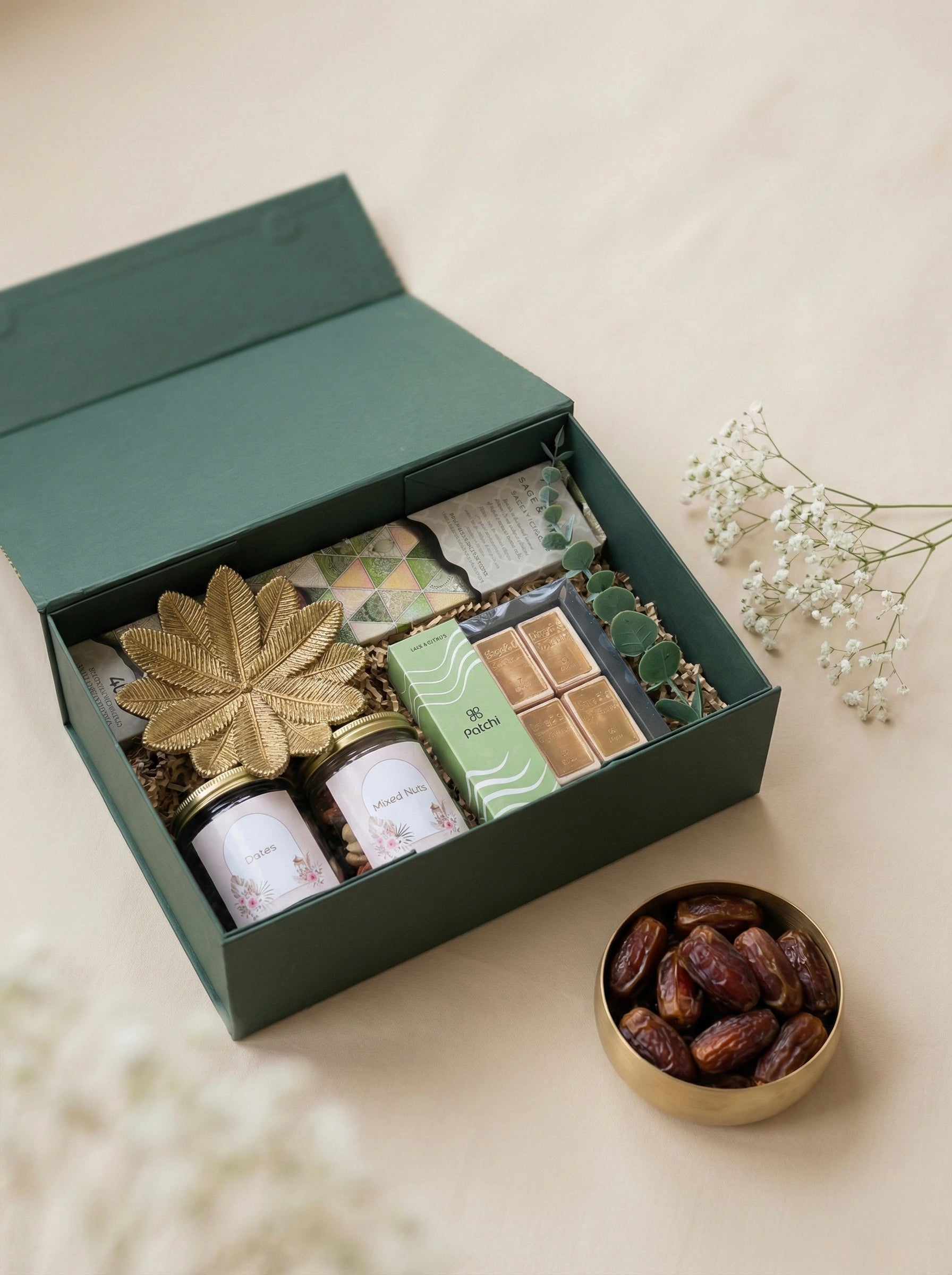 Marhaba Luxe Box featuring luxury Ramadan gift boxes with dates, mixed nuts, chocolates, incense, and a decorative tray.