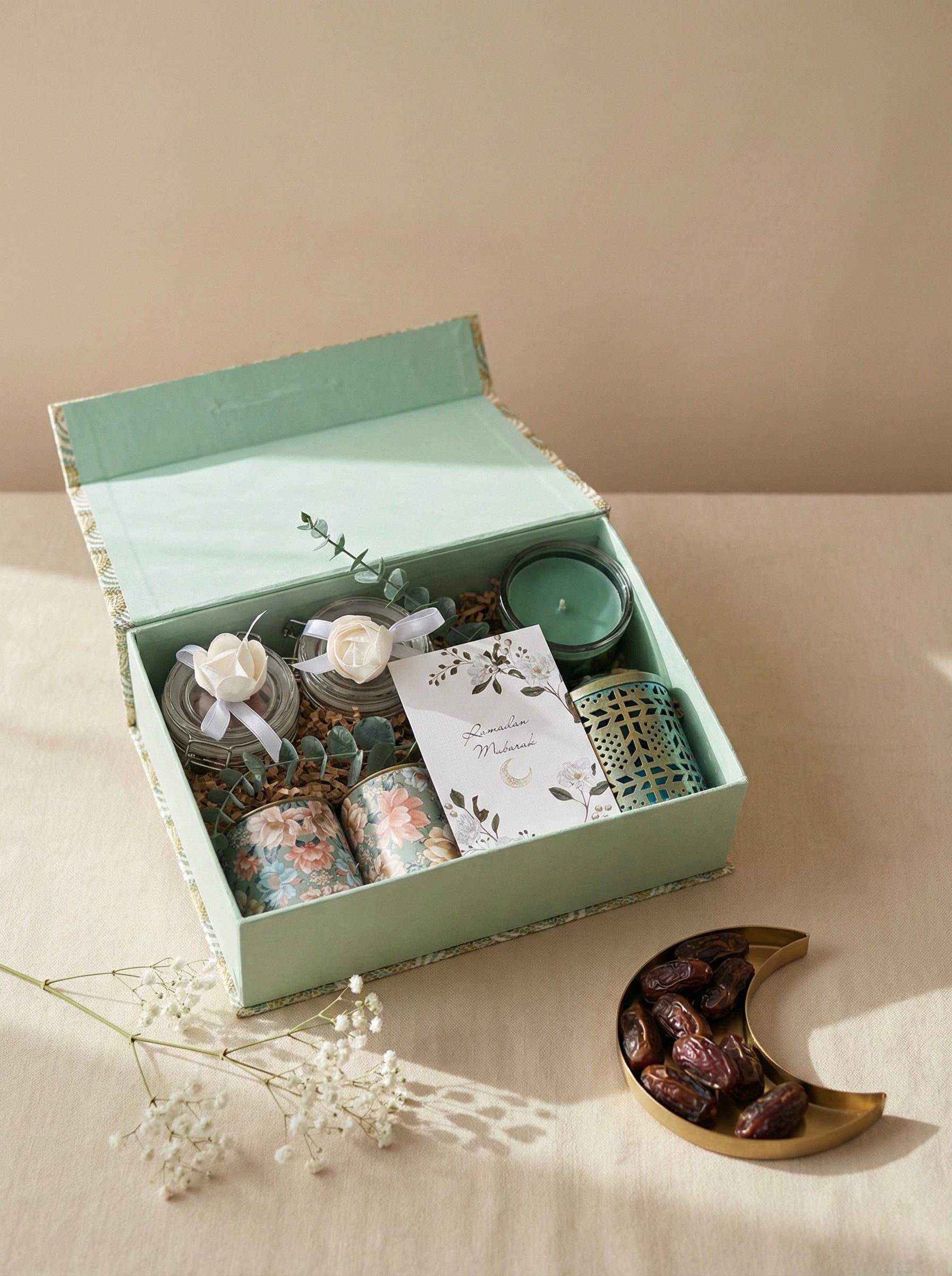 Minty Mubarak Box features a Ramadan gift hamper with jars of treats and a candle for gifting during Ramadan.
