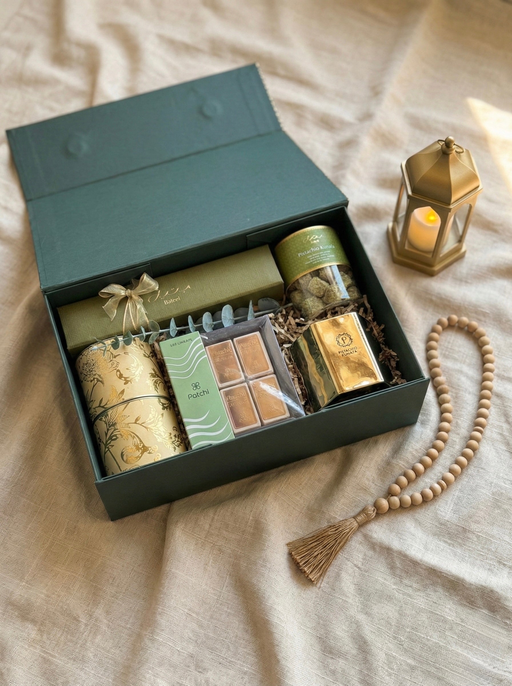 Moonlight Gift Box featuring scented candle, chocolates, and snacks, perfect for a moonlight themed gift box.
