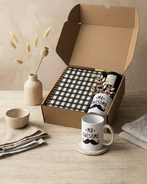 Mr. Awesome gift box in eco-friendly kraft packaging, perfect gift box for him UAE featuring a notebook and mug.