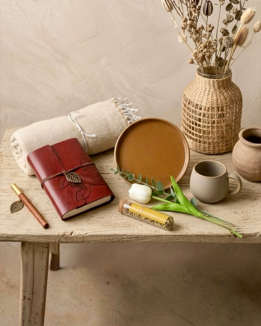 Personalised Gift Box Dubai for her with leather journal, brass leaf bookmark and wooden pen
