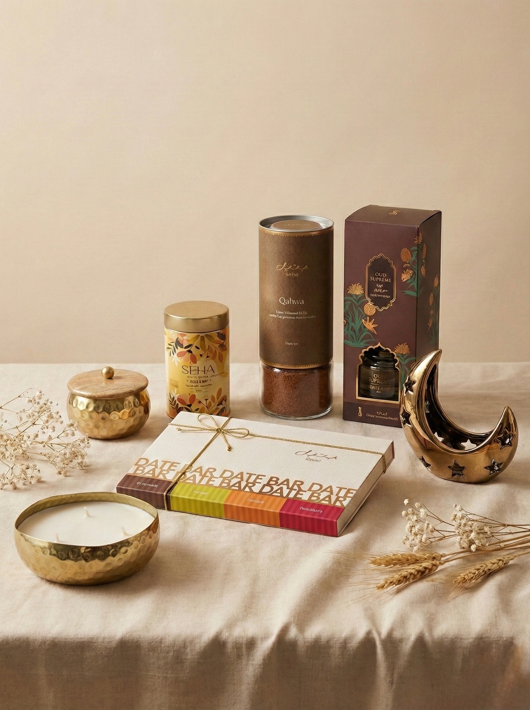 Ramadan gift hamper featuring Oud Supreme Reed Diffuser, premium tea, scented candle, and date bar chocolates.