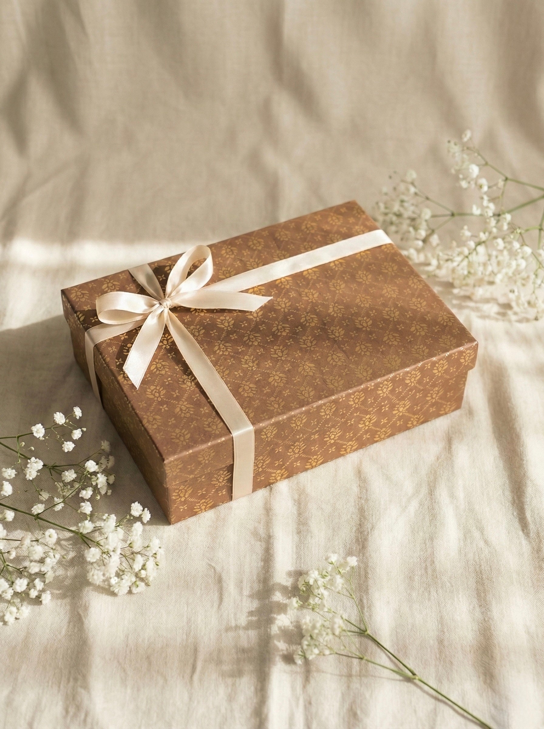 Royal Saffron Box beautifully wrapped with a ribbon and adorned with flowers, ideal for a royal saffron gift box.