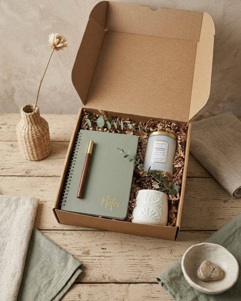 Sage & Jasmine Gift Box featuring a journal, pen, candle, and mug in an eco-friendly Kraft box.