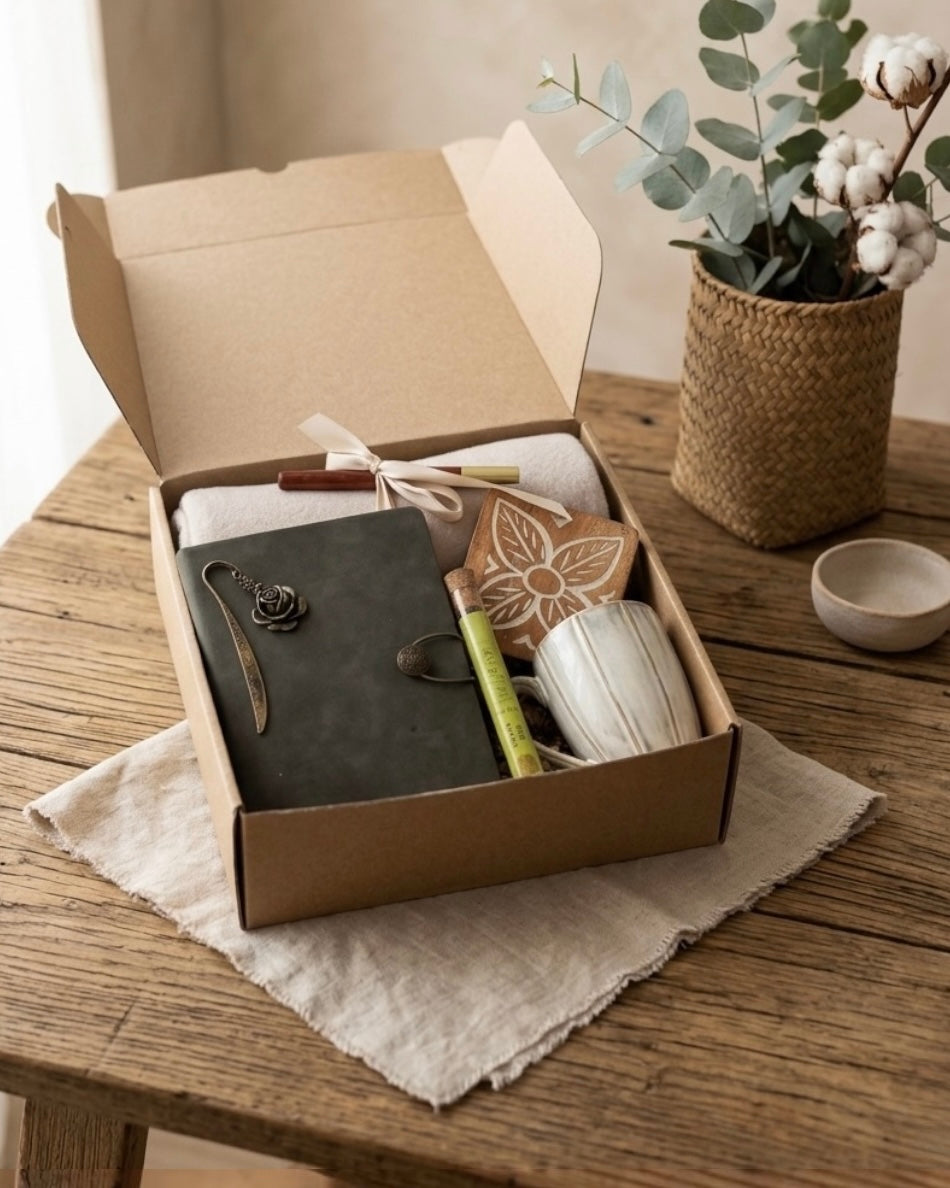 wellness gift box for her featuring leather journal, floral coaster, ceramic mug, and herbal tea.