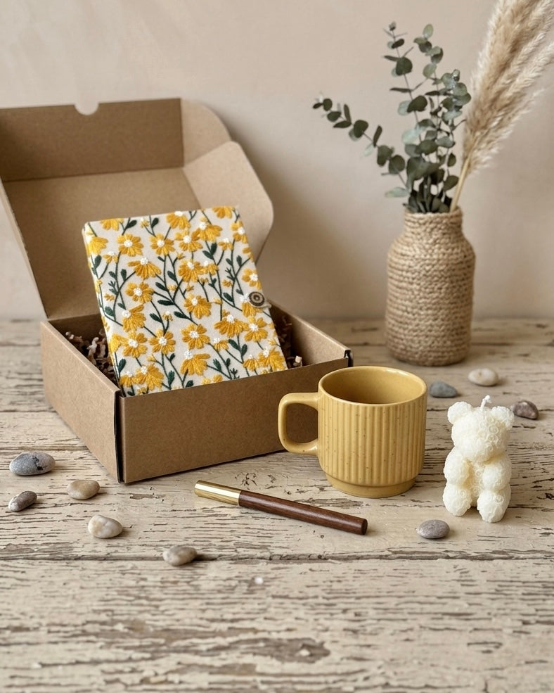 Sunday in Bloom Gift Box with floral embroidered journal, ceramic mug, wooden pen, and bear candle, a floral gift box for her.