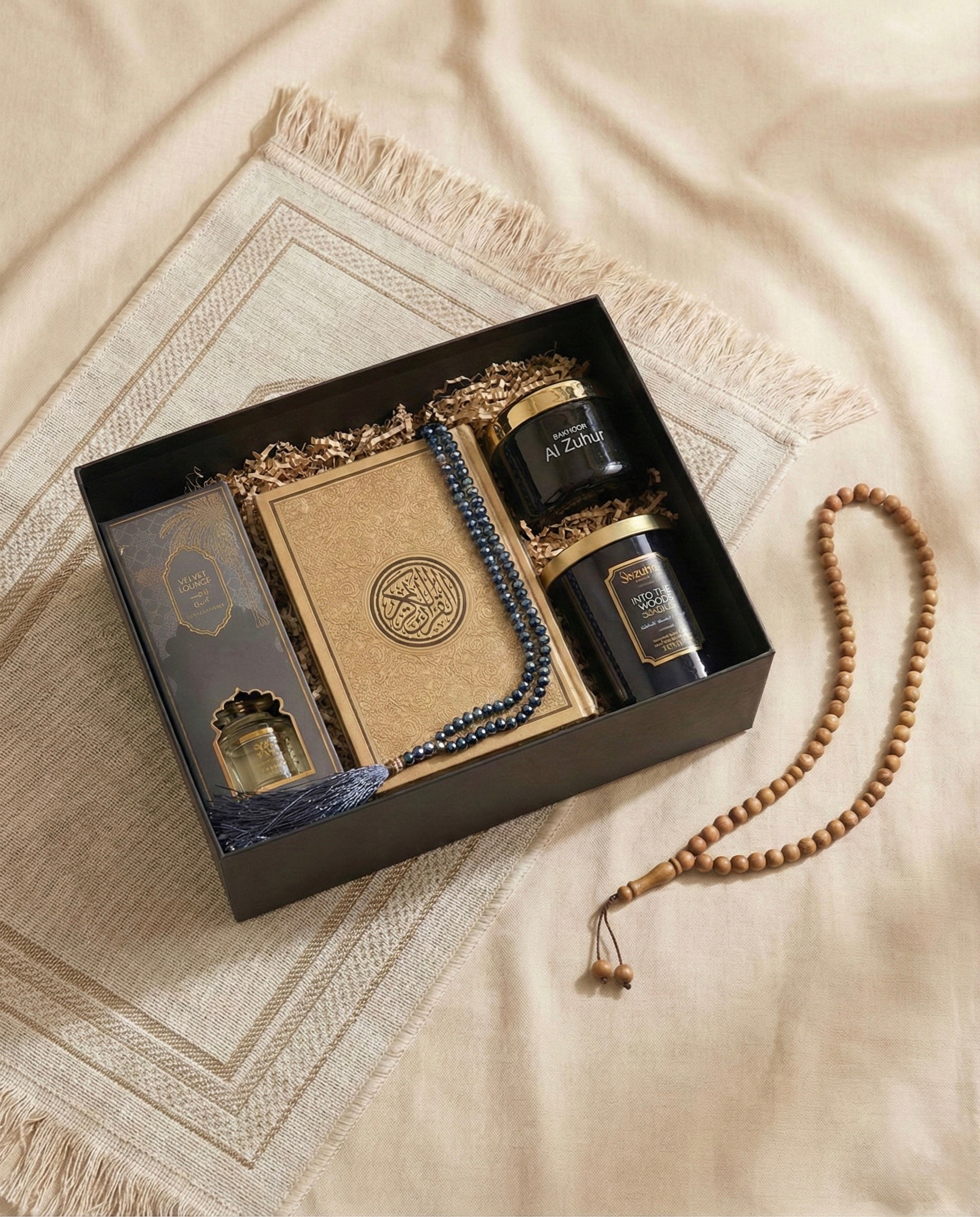 The Arabian Oud Box featuring Bakhoor, scented candle, and Quran Tasbih, perfect as Ramadan gift sets Dubai.