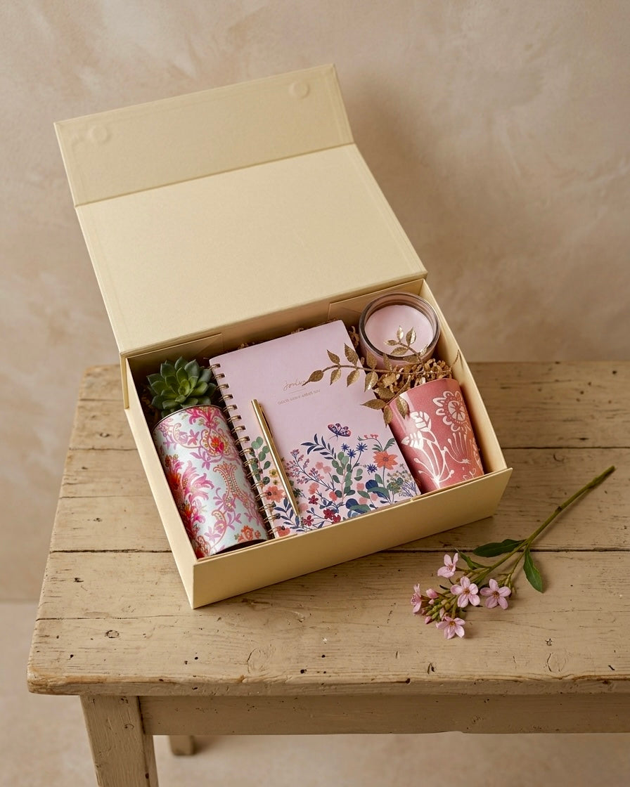 floral gift set UAE featuring a pink floral notebook, gold pen, scented candle, and artificial succulent.