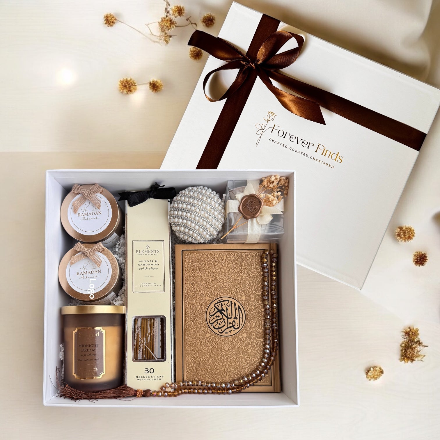 The Charming Gift Set featuring kahwa cups, scented candle, Quran, and more for a Ramadan Eid gift set.