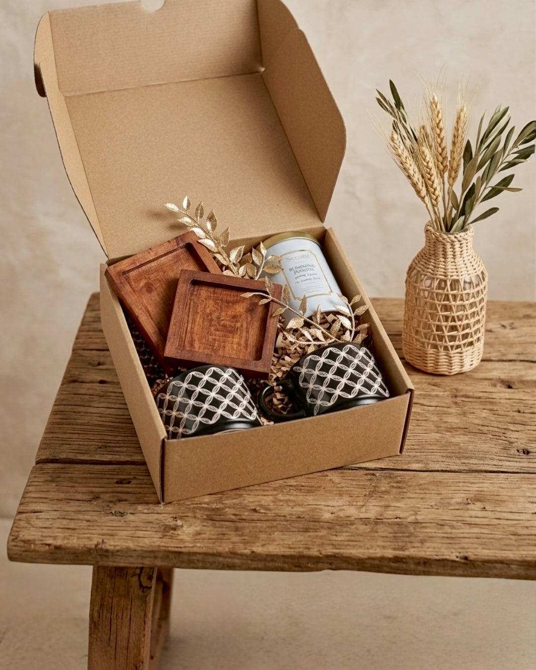 The Cosy Corner Gift Box containing wooden coasters, ceramic mugs, and a scented candle in an eco-friendly kraft box.
