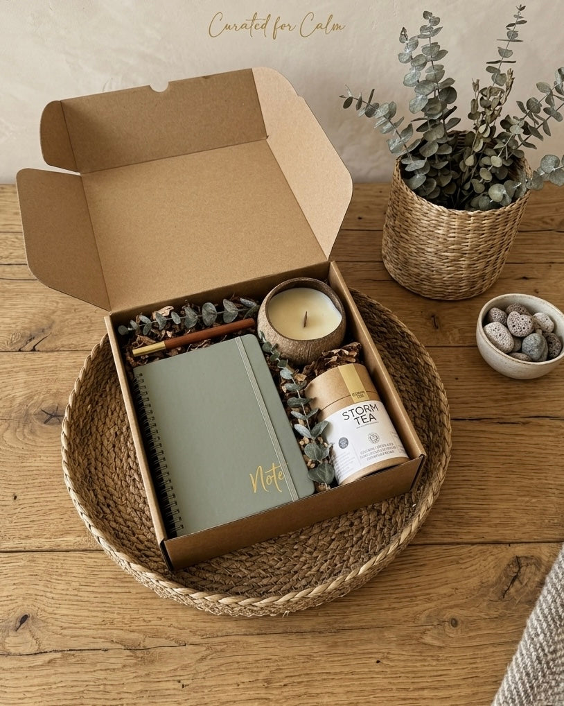 Nature-inspired wellness gift set featuring a sage green notebook, coconut shell candle, and organic black tea in a kraft box.