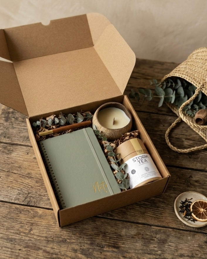 Nature-inspired wellness gift set featuring a sage green notebook, coconut shell candle, and organic black tea in kraft tin.