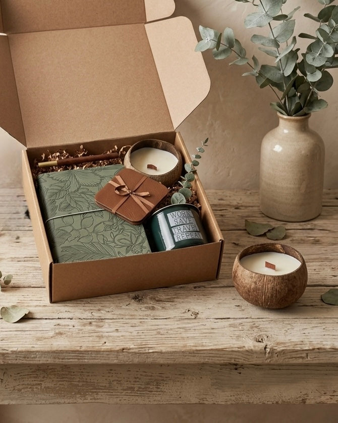 Eucalyptus Calm gift box featuring a floral leather journal, coasters, mug, candle, and wooden pen in eco-friendly packaging.