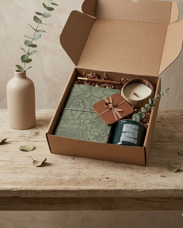 Eucalyptus Calm gift box containing a floral leather journal, mug, candle, and wooden pen in an eco-friendly packaging.