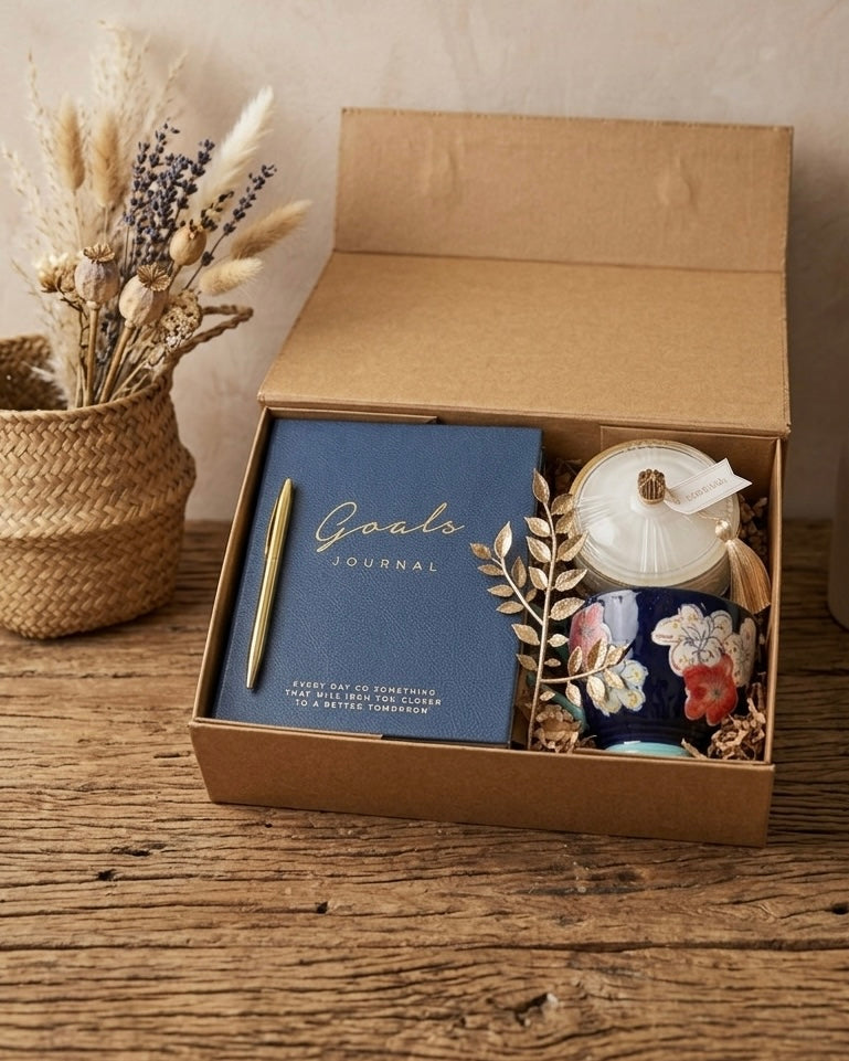 The Goal Setter Gift Box featuring a goals journal, gold pen, white candle, and floral navy mug.