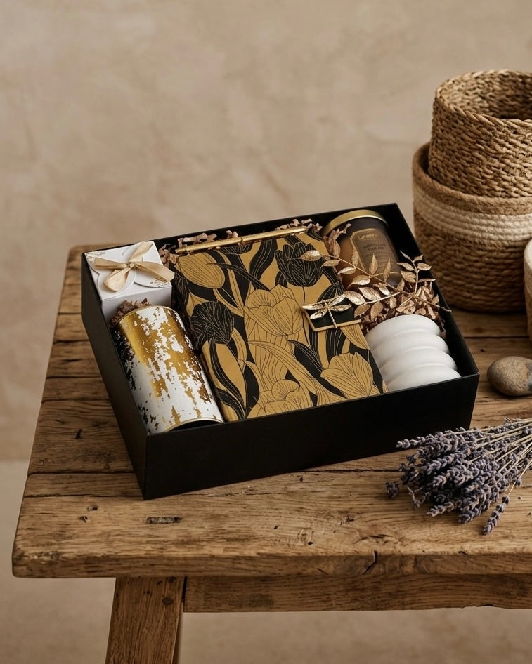 The Golden Dusk Box, a premium gift box Dubai, features a botanical journal, candle, gold pen, and more.