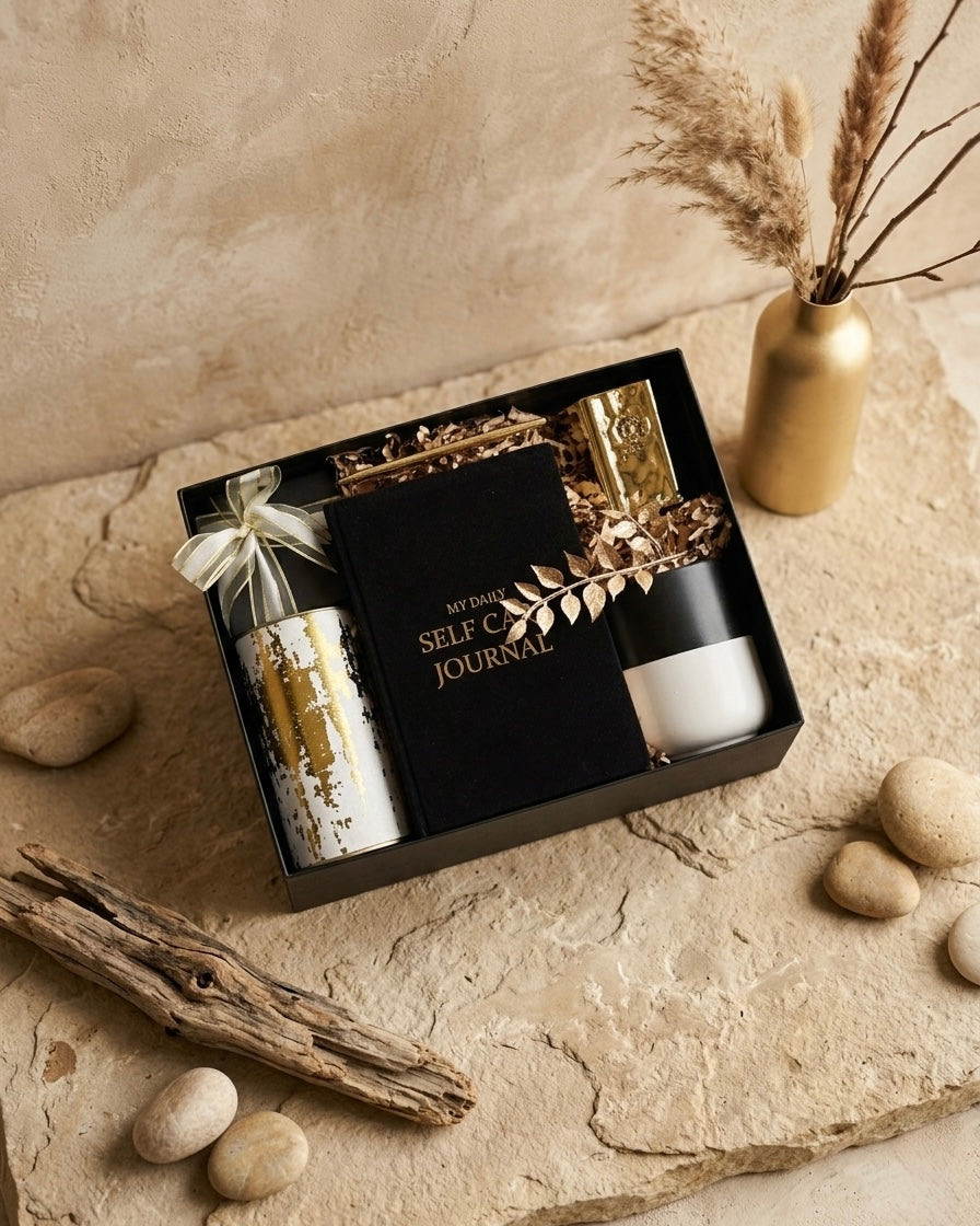 The Golden Noir Gift Box featuring a self-care journal, luxury gold scented candle, and ceramic mug, ideal as a luxury gift box UAE.